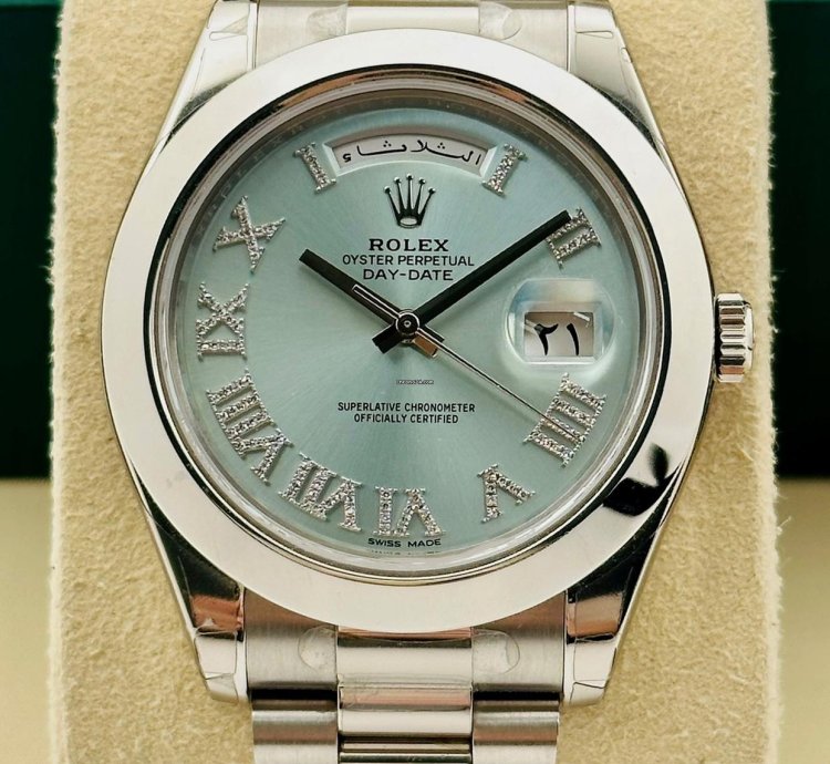 Rolex Day-date Ii 41mm 218206 Ice Blue Dial Roman Diamond Index Arabic Day And Date