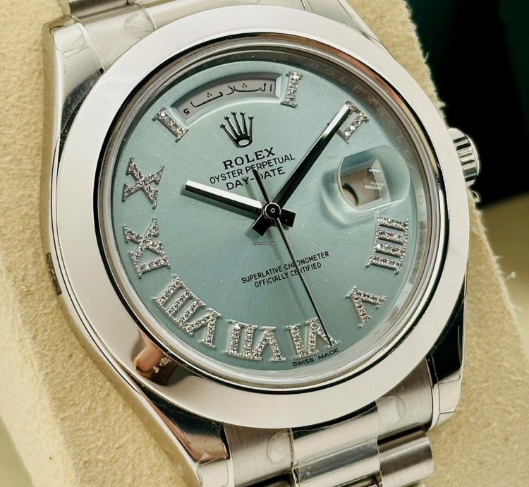 Rolex Day-date Ii 41mm 218206 Ice Blue Dial Roman Diamond Index Arabic Day And Date