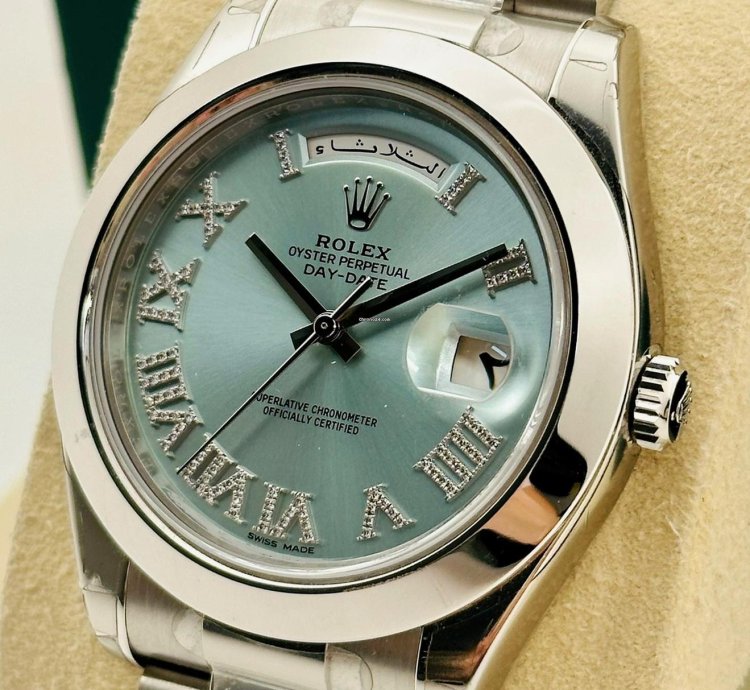 Rolex Day-date Ii 41mm 218206 Ice Blue Dial Roman Diamond Index Arabic Day And Date