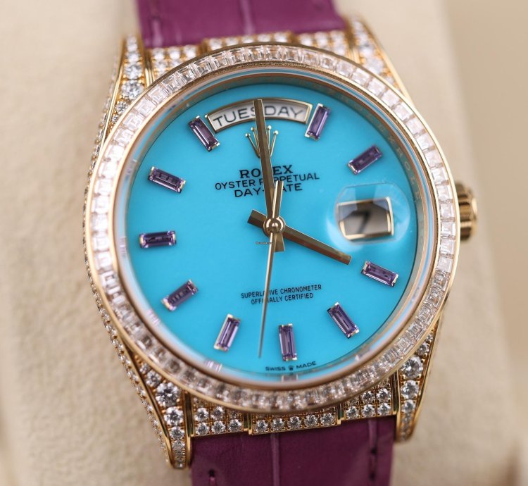 Rolex Day-date Purple Strap Blue Dial Factory Daydate Diamonds - 2023 - Lc100 - Neu Ungetragen - Fullse