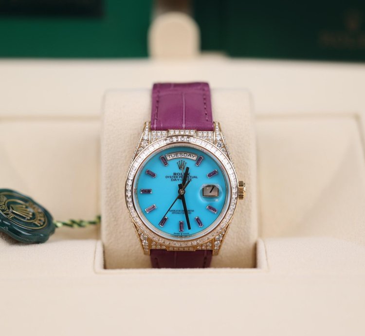 Rolex Day-date Purple Strap Blue Dial Factory Daydate Diamonds - 2023 - Lc100 - Neu Ungetragen - Fullse