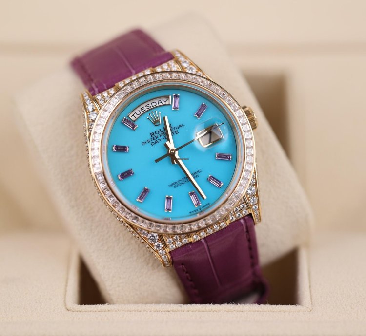 Rolex Day-date Purple Strap Blue Dial Factory Daydate Diamonds - 2023 - Lc100 - Neu Ungetragen - Fullse