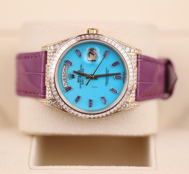 Rolex Day-date Purple Strap Blue Dial Factory Daydate Diamonds - 2023 - Lc100 - Neu Ungetragen - Fullse