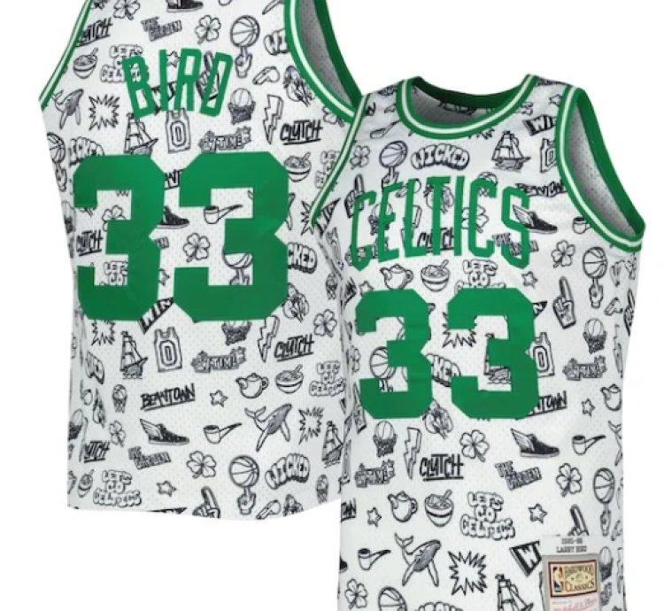 Larry Bird Boston Celtics 198586 Hardwood Classics Doodle Swingman Jersey - White