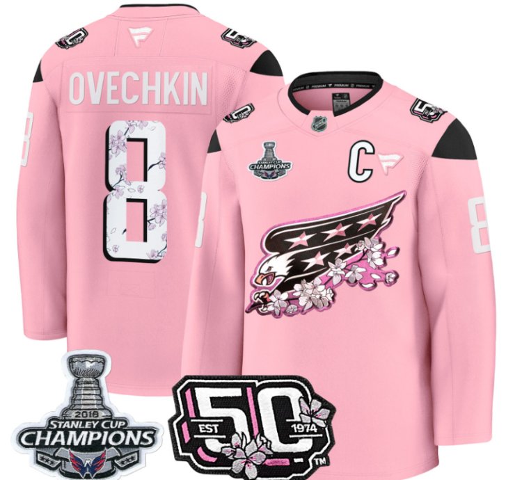 Alex Ovechkin Jersey 8 Washington Capitals 50th 2018 Stanley Cup Champions Patch Cherry Blossom