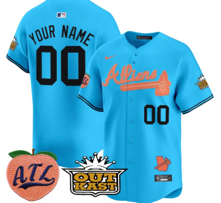 Custom Atlanta Braves Jersey Atliens Peach Vapor Premier Limited Stitched Light Blue