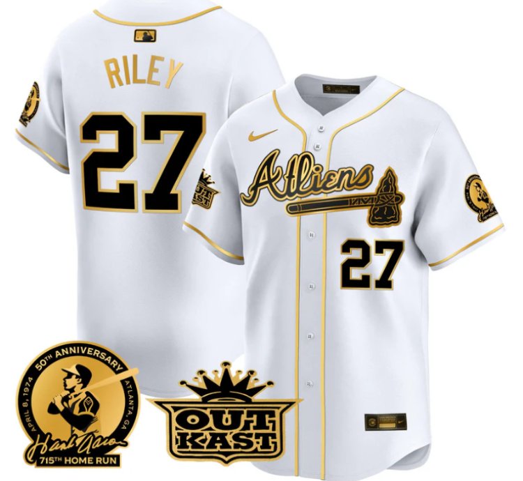 Austin Riley Jersey 27 Atlanta Braves Atliens Hank Aaron Patch Limited Stitched White Gold