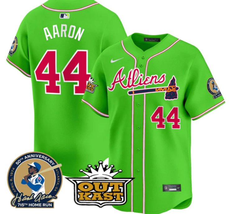 Hank Aaron Jersey 44 Atlanta Braves Atliens Patch Limited Stitched Bright Green