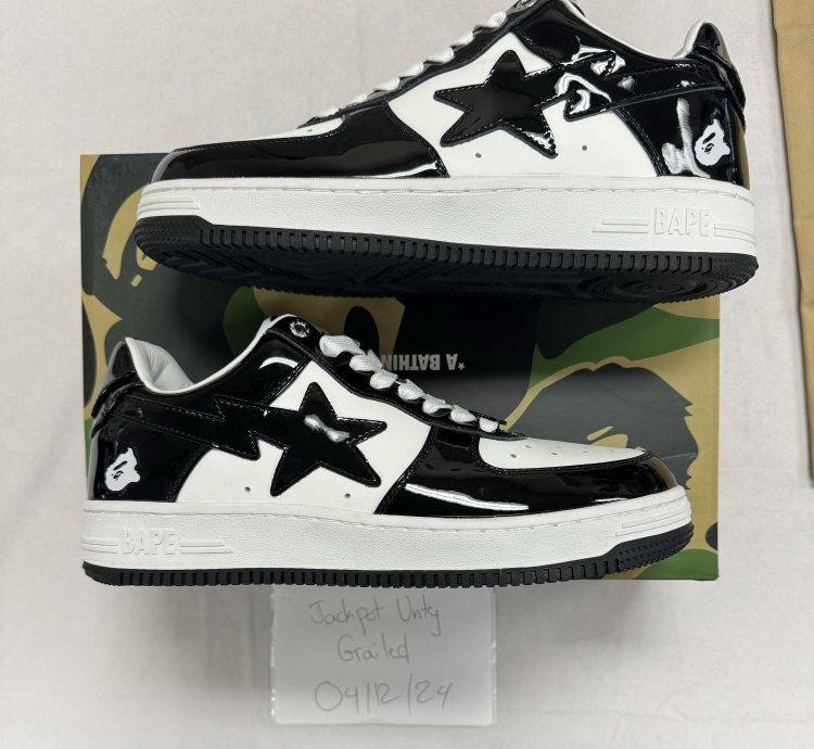 Bapesta Patent Leather Black White Twisted Face Size 10