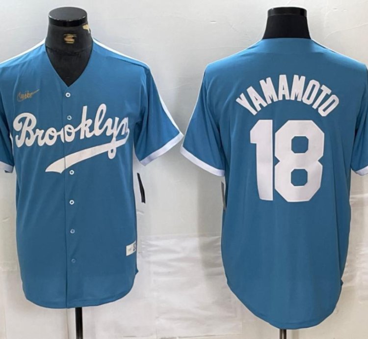 Brooklyn Dodgers Yoshinobu Yamamoto Light Blue Throwback Jersey