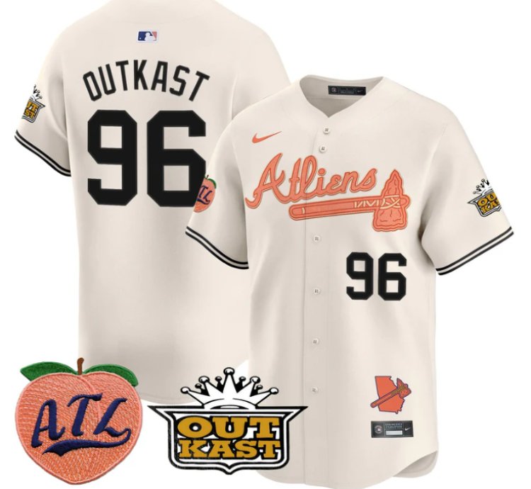 Outkast Jersey 96 Atlanta Braves Atliens Peach Vapor Premier Limited Stitched Cream