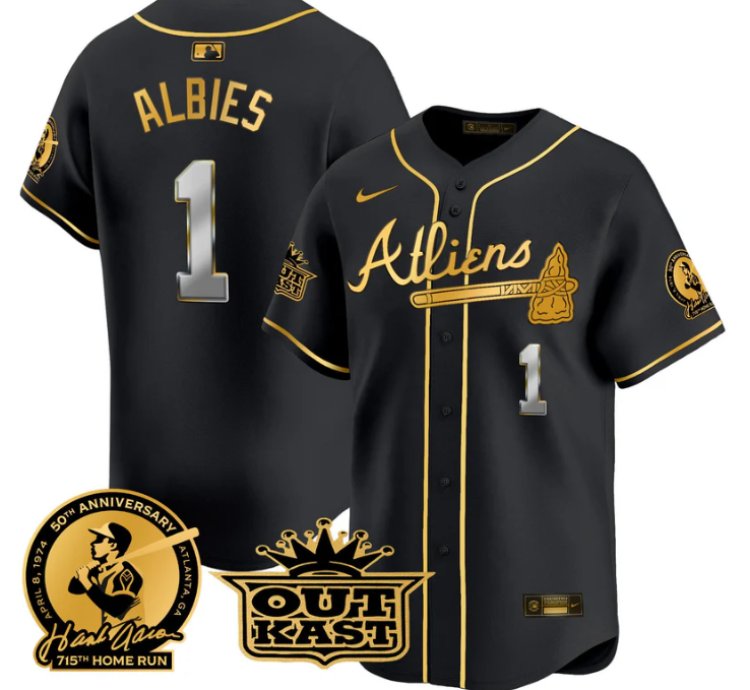 Ozzie Albies Jersey 1 Atlanta Braves Atliens Hank Aaron Patch Limited Stitched Black Gold