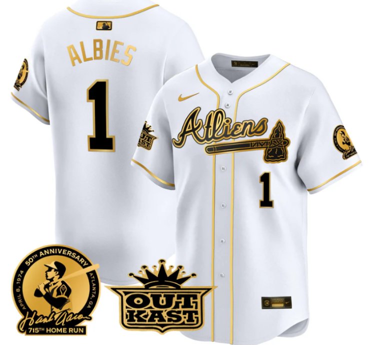 Ozzie Albies Jersey 1 Atlanta Braves Atliens Hank Aaron Patch Limited Stitched White Gold