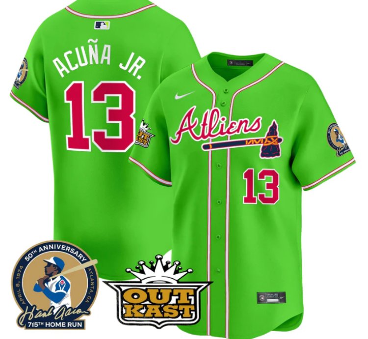 Ronald Acuna Jr Jersey 13 Atlanta Braves Atliens Hank Aaron Patch Limited Stitched Bright Green