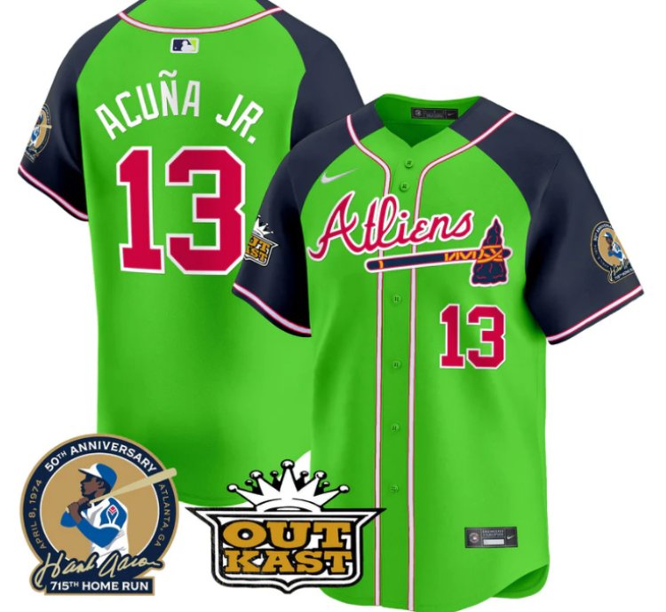 Ronald Acuna Jr Jersey 13 Atlanta Braves Atliens Hank Aaron Patch Limited Stitched Green Alternate