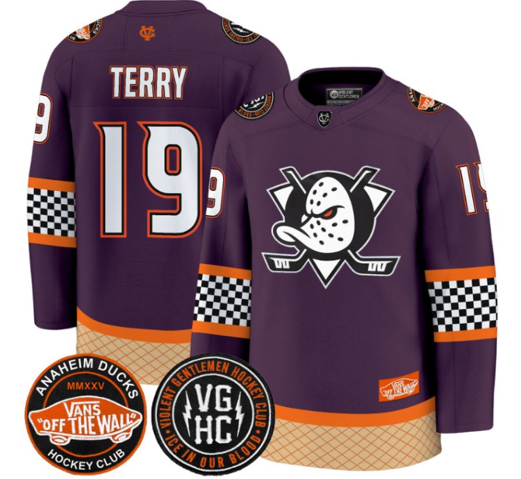 Troy Terry Jersey 19 Anaheim Ducks Checkerboard 2025 Premium Stitched Purple