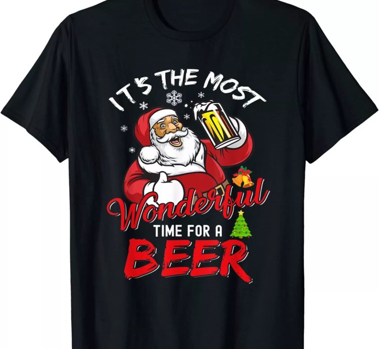 Funny Christmas Santa Claus Drinking Beer Wonderful Time T-shirt S-5xl
