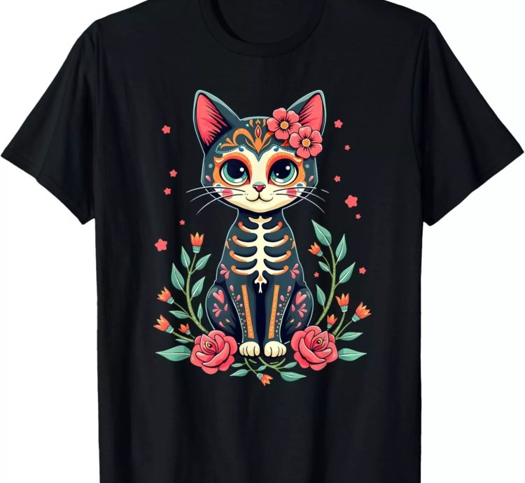 Mexican Heritage Cute Cat Sugar Skull With Flowers T-shirt S-5xl