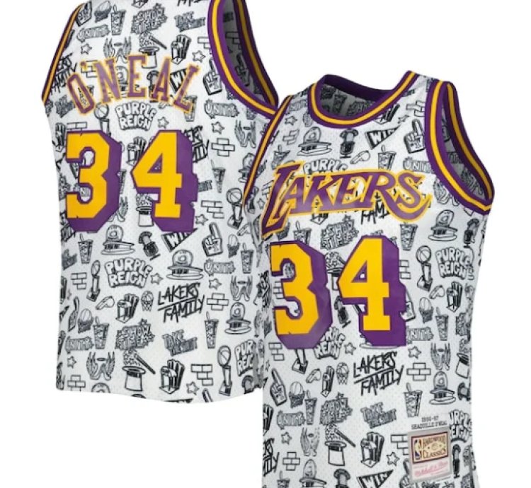 Shaquille Oneal Los Angeles Lakers 199697 Hardwood Classics Doodle Swingman Jersey - White