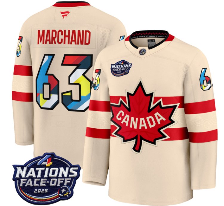 Mens Brad Marchand Jersey 63 Canada 4 Nations Face-off 2025 V2 Stitched Cream