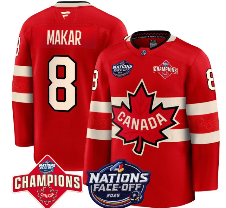 Mens Cale Makar Jersey 8 Canada 4 Nations Face-off 2025 Champions Red