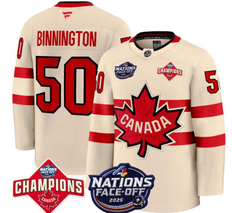 Mens Jordan Binnington Jersey 50 Canada 4 Nations Face-off 2025 Champions Cream