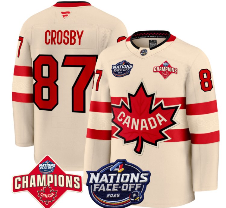Mens Sidney Crosby Jersey 87 Canada 4 Nations Face-off 2025 Champions Cream