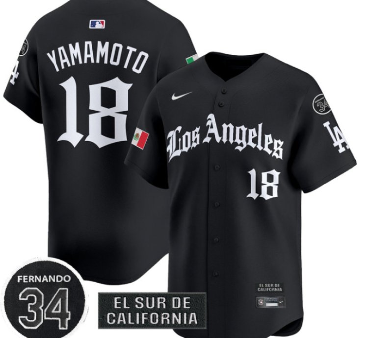 Yamamoto Jersey 18 Dodgers Mexico 2025 La Gothic Style Patch Vapor Premier Limited Stitched Black