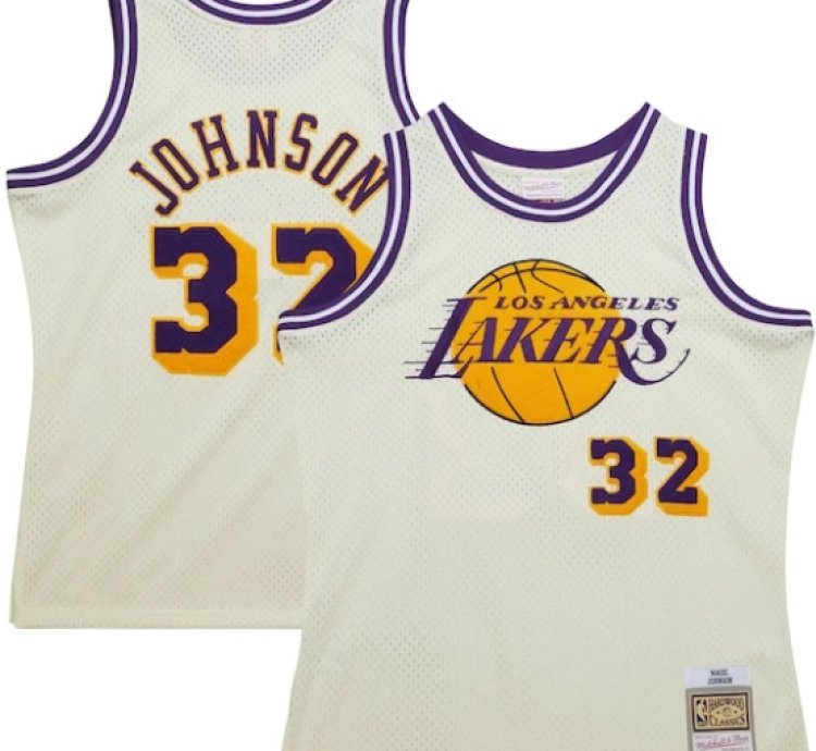 Magic Johnson Los Angeles Lakers Chainstitch Swingman Jersey - Cream