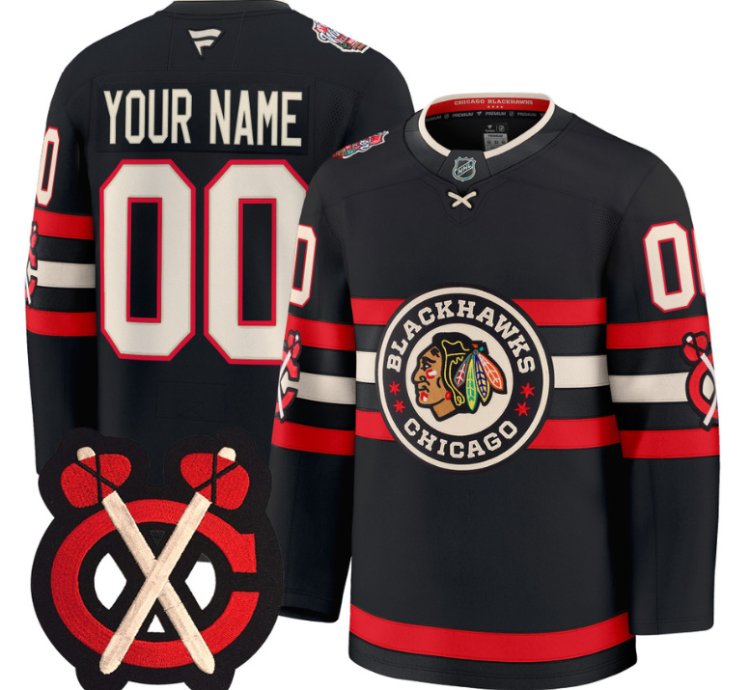 Custom Chicago Blackhawks Jersey Winter Classic Patch Premium All Stitched Black