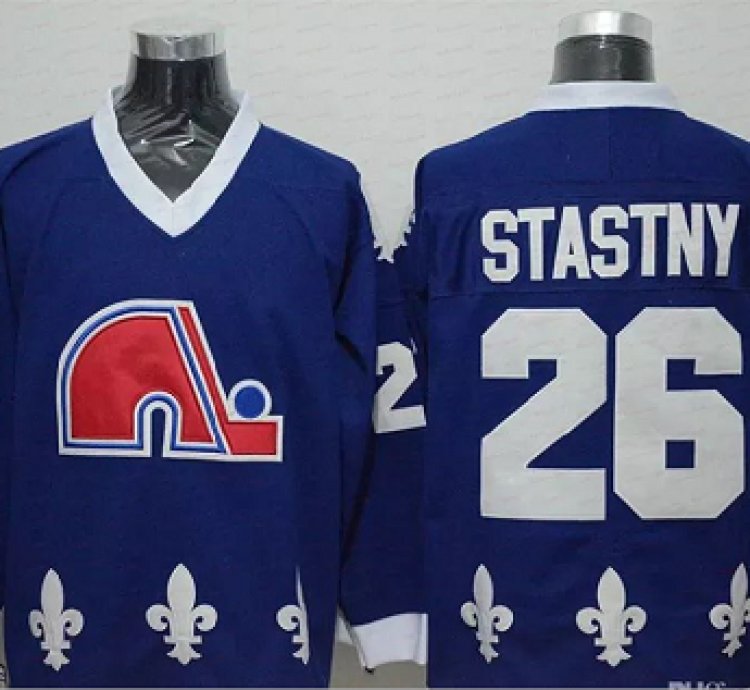 Mens Vintage Peter Stastny Jersey 26 Quebec Nordiques Stitched Dark Blue