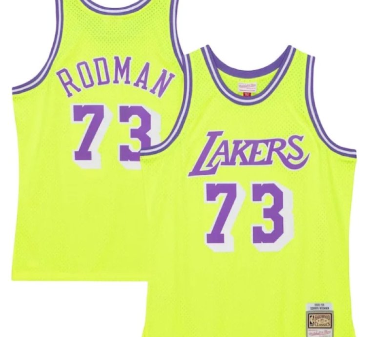 Dennis Rodman Los Angeles Lakers Hardwood Classics 199899 Tropical Swingman Jersey - Neon Yellow