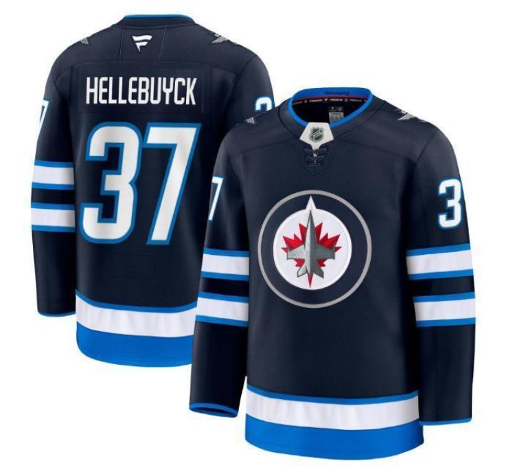 Custom Connor Hellebuyck Jets Jersey - Navy All Stitched