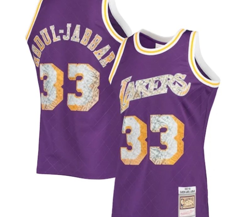 Kareem Abdul-jabbar Los Angeles Lakers 1996-97 Hardwood Classics Nba 75th Anniversary Diamond Swingman Jersey - Purple