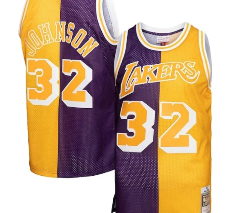 Magic Johnson Los Angeles Lakers Big Tall Hardwood Classics 198485 Split Swingman Jersey - Purplegold