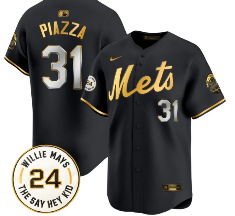 Mike Piazza Jersey 31 Mets Willie Mays Patch Vapor Premier Limited Stitched Black Gold