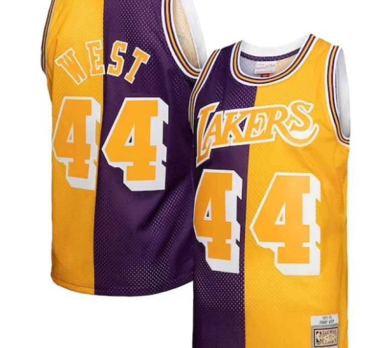 Jerry West Los Angeles Lakers Hardwood Classics 197172 Split Swingman Jersey - Purplegold