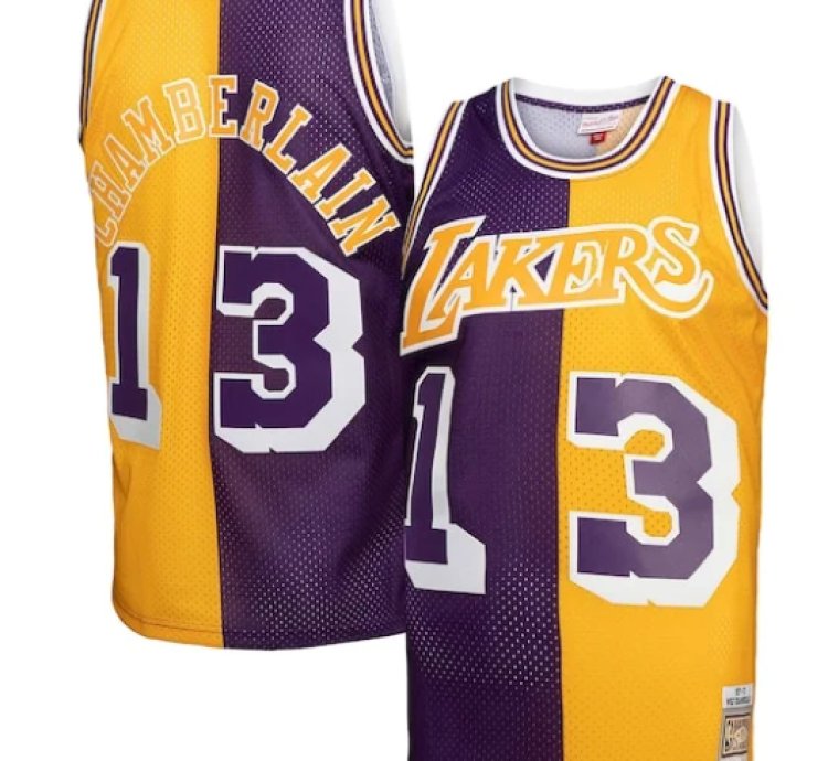 Wilt Chamberlain Los Angeles Lakers Hardwood Classics 197172 Split Swingman Jersey - Purplegold