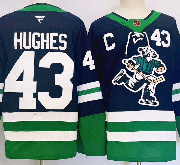 Custom Men Quinn Hughes Canucks Navy Jersey All Stitched