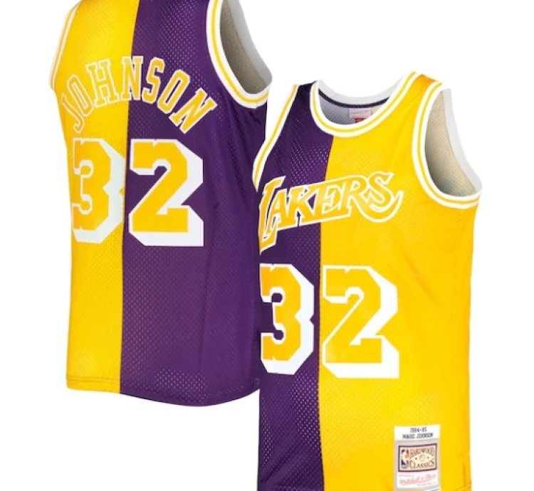 Magic Johnson Los Angeles Lakers Hardwood Classics 198485 Split Swingman Jersey - Purplegold
