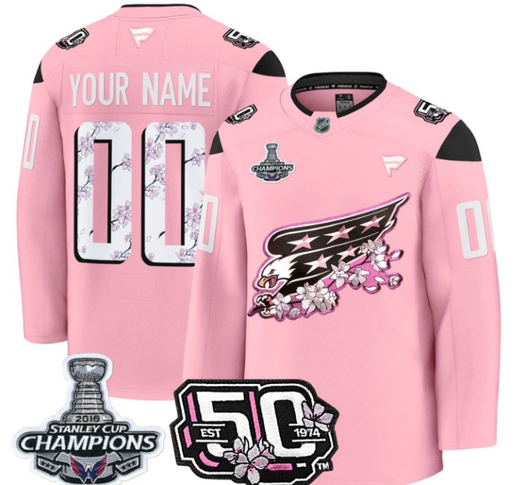 Custom Washington Capitals Jersey 50th Anniversary 2018 Stanley Cup Champions Patch Cherry Blossom