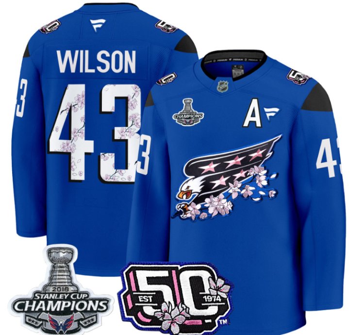 Tom Wilson Jersey 43 Washington Capitals 50th 2018 Stanley Cup Champions Patch Royal