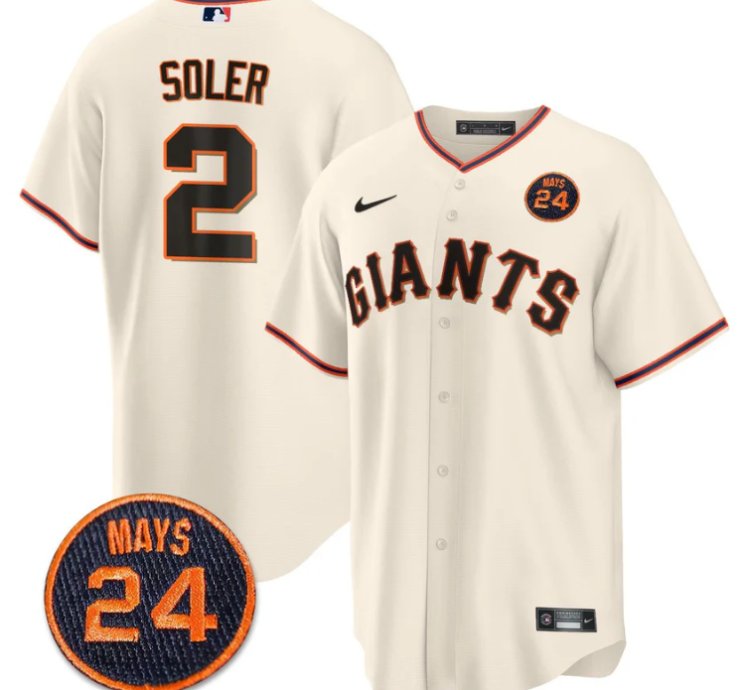 Jorge Soler Jersey 2 San Francisco Giants 24 Willie Mays Patch 2024 Vapor Premier Cream Home