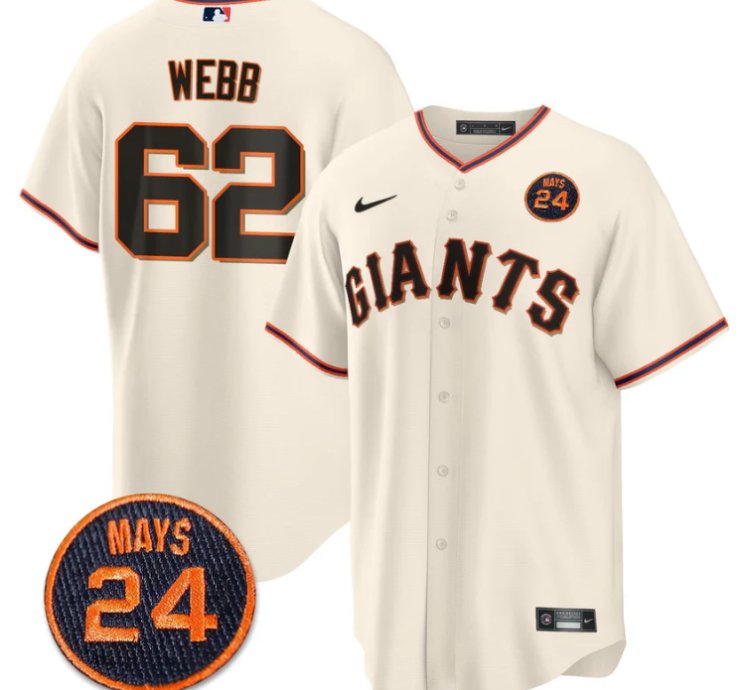 Logan Webb Jersey 62 San Francisco Giants 24 Willie Mays Patch 2024 Vapor Premier Cream Home