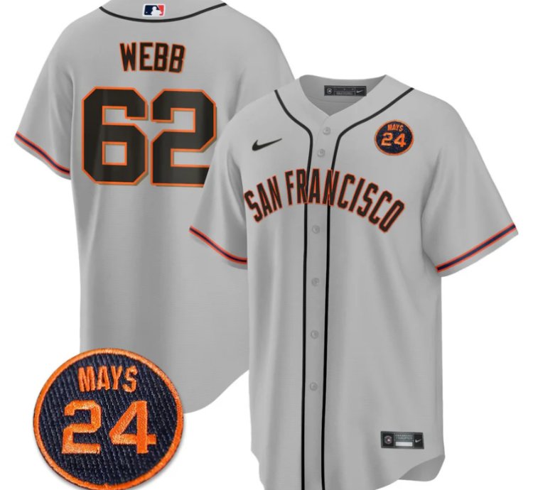 Logan Webb Jersey 62 San Francisco Giants 24 Willie Mays Patch 2024 Vapor Premier Gray