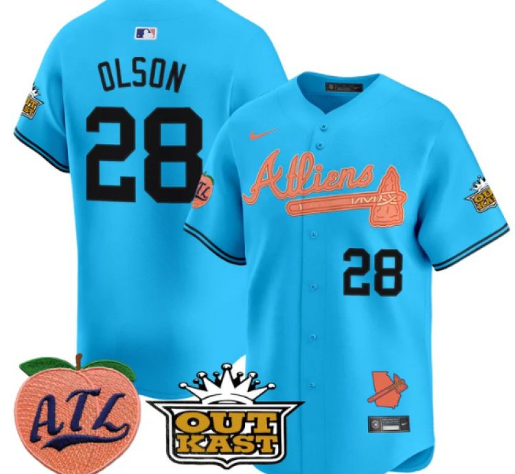 Matt Olson Jersey 28 Atlanta Braves Atliens Peach Vapor Premier Limited Stitched Light Blue