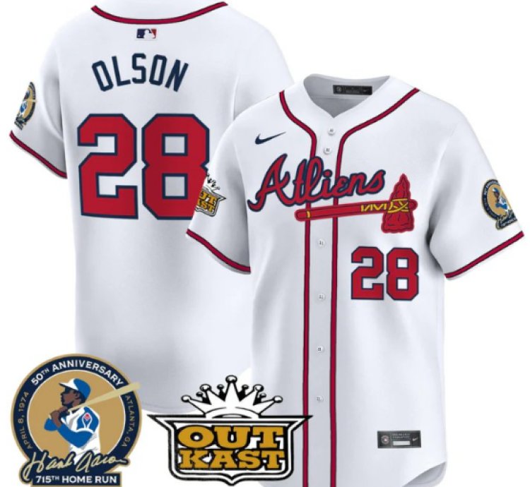 Matt Olson Jersey 28 Atlanta Braves Atliens Hank Aaron Patch Limited Stitched White