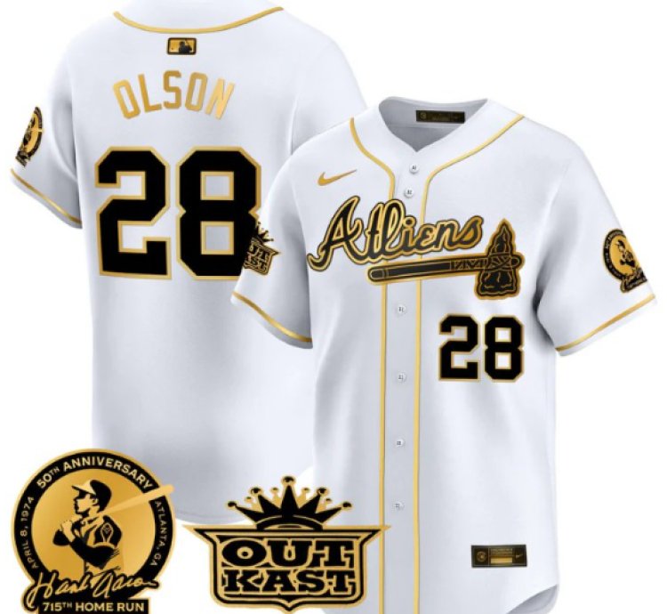 Matt Olson Jersey 28 Atlanta Braves Atliens Hank Aaron Patch Limited Stitched White Gold