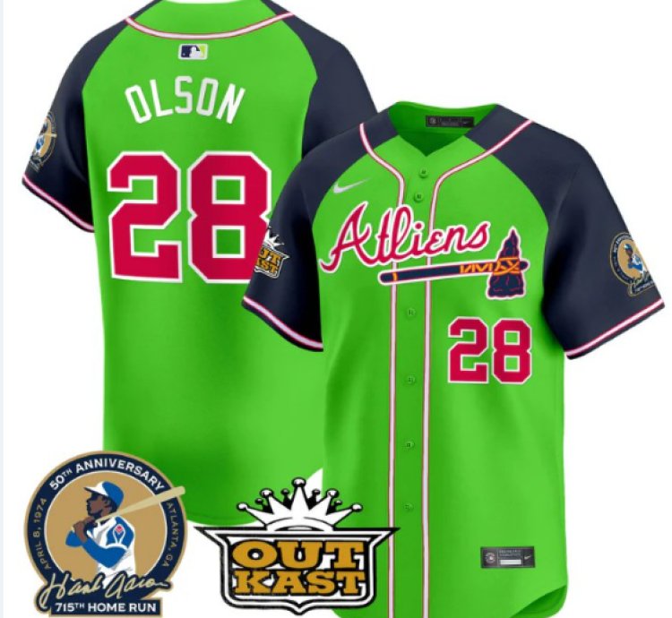 Matt Olson Jersey 28 Atlanta Braves Atliens Hank Aaron Patch Limited Stitched Green Alternate