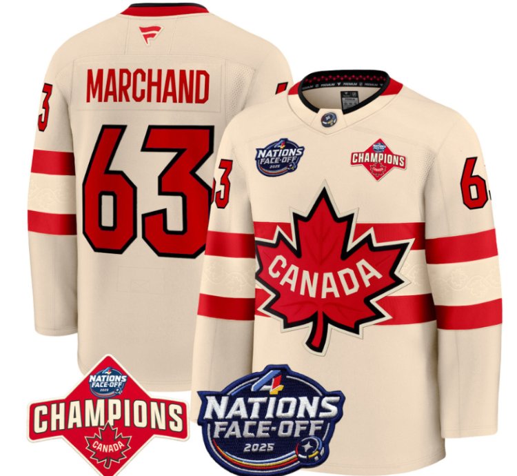 Mens Brad Marchand Jersey 63 Canada 4 Nations Face-off 2025 Champions Cream